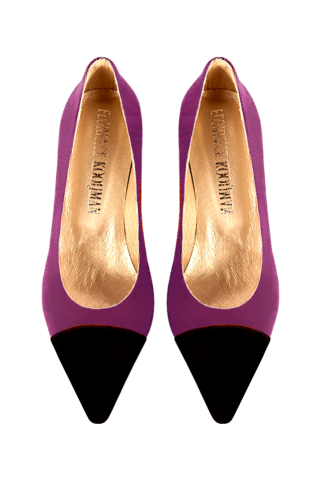 Matt black and mulberry purple women's dress pumps, with a round neckline. Pointed toe. Medium spool heels. Top view - Florence KOOIJMAN